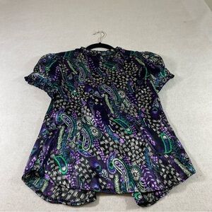 Chime Paisley Button Down Blouse Top Short Sleeve Sharkbite Hem LG Peaco…